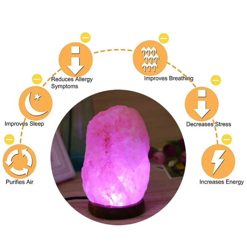 Hand Carved Wooden Base Himalayan Rock Salt Table Lamp Air Purifier LED Night Light