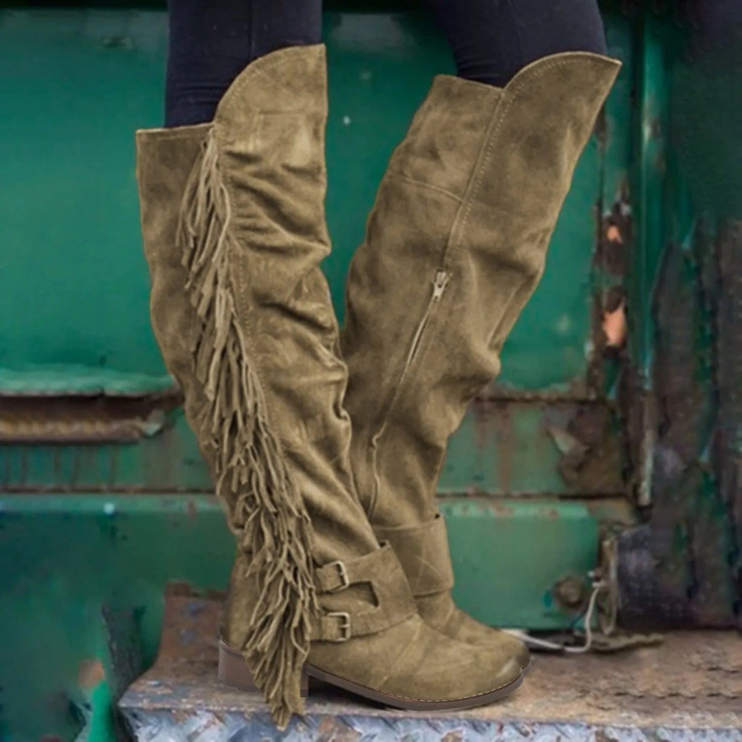 Retro Fringe Knee High Boots (Size 37)