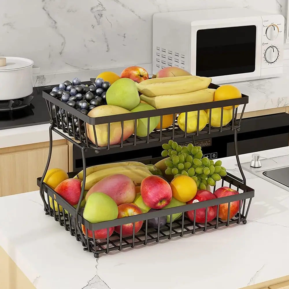 2-Layer Counter-top Metal Fruit Basket Storage Kitchen Bathroom