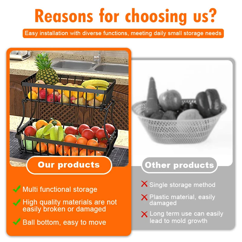 2-Layer Counter-top Metal Fruit Basket Storage Kitchen Bathroom