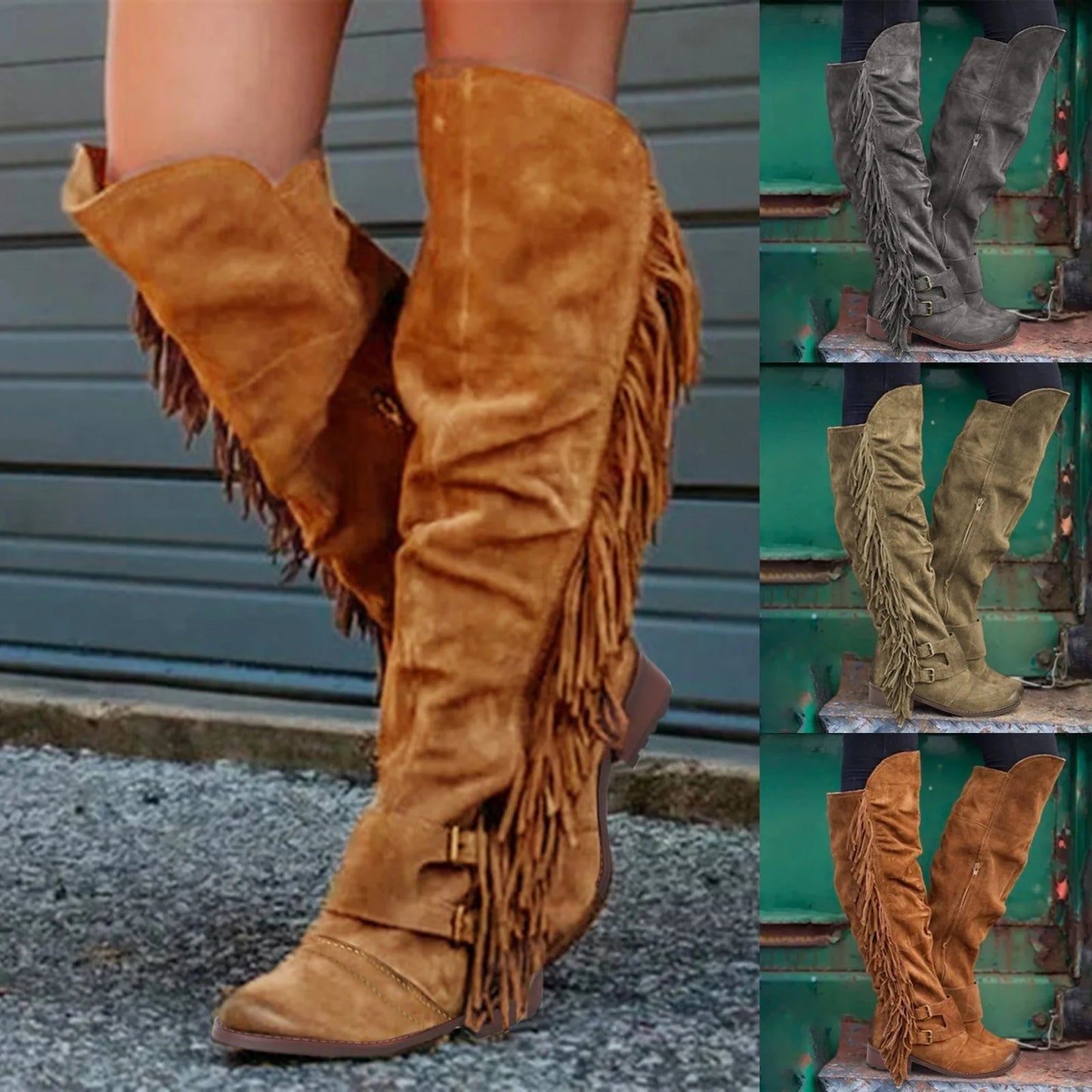 Retro Fringe Knee High Boots (Size 37)