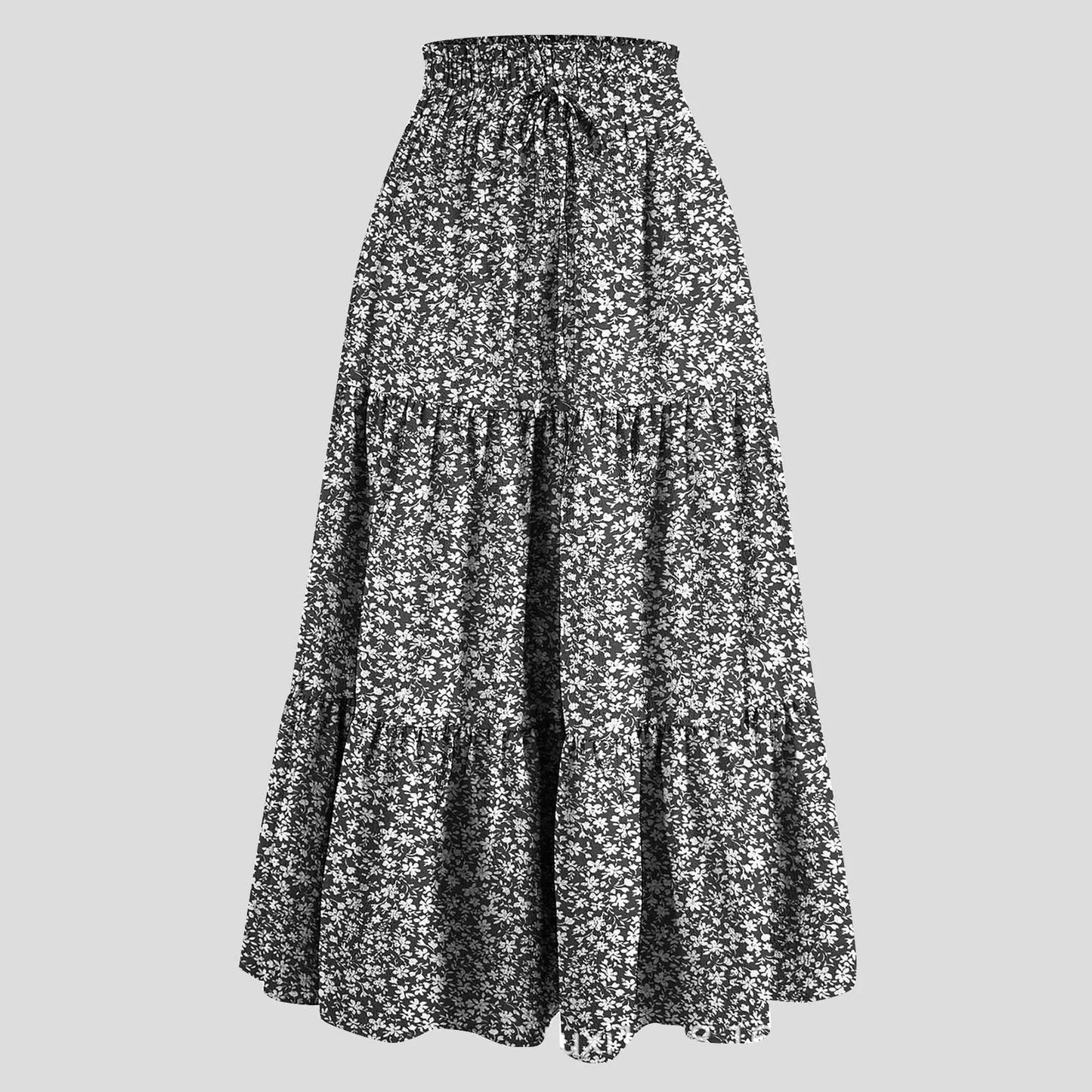 Boho Vintage Floral Print Maxi Skirt Elastic High Waist