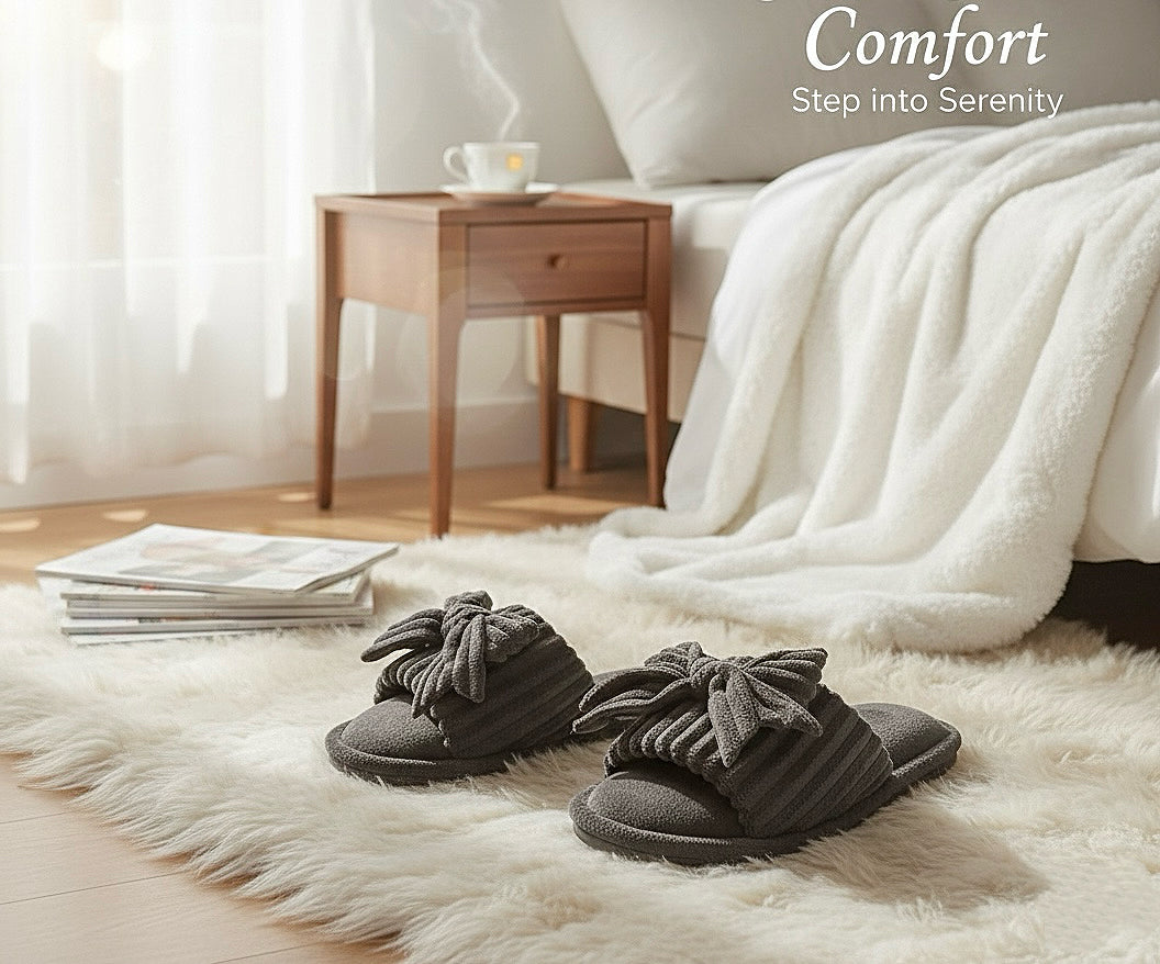 Open Toe Bow Slippers House Shoes (Size 7.5-8)