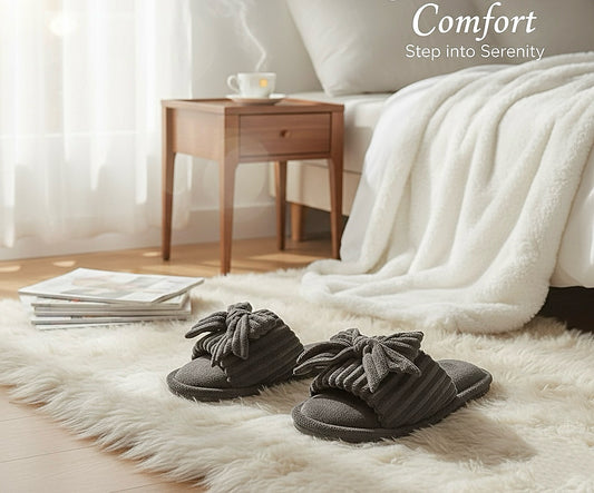 Open Toe Bow Slippers House Shoes (Size 7.5-8)