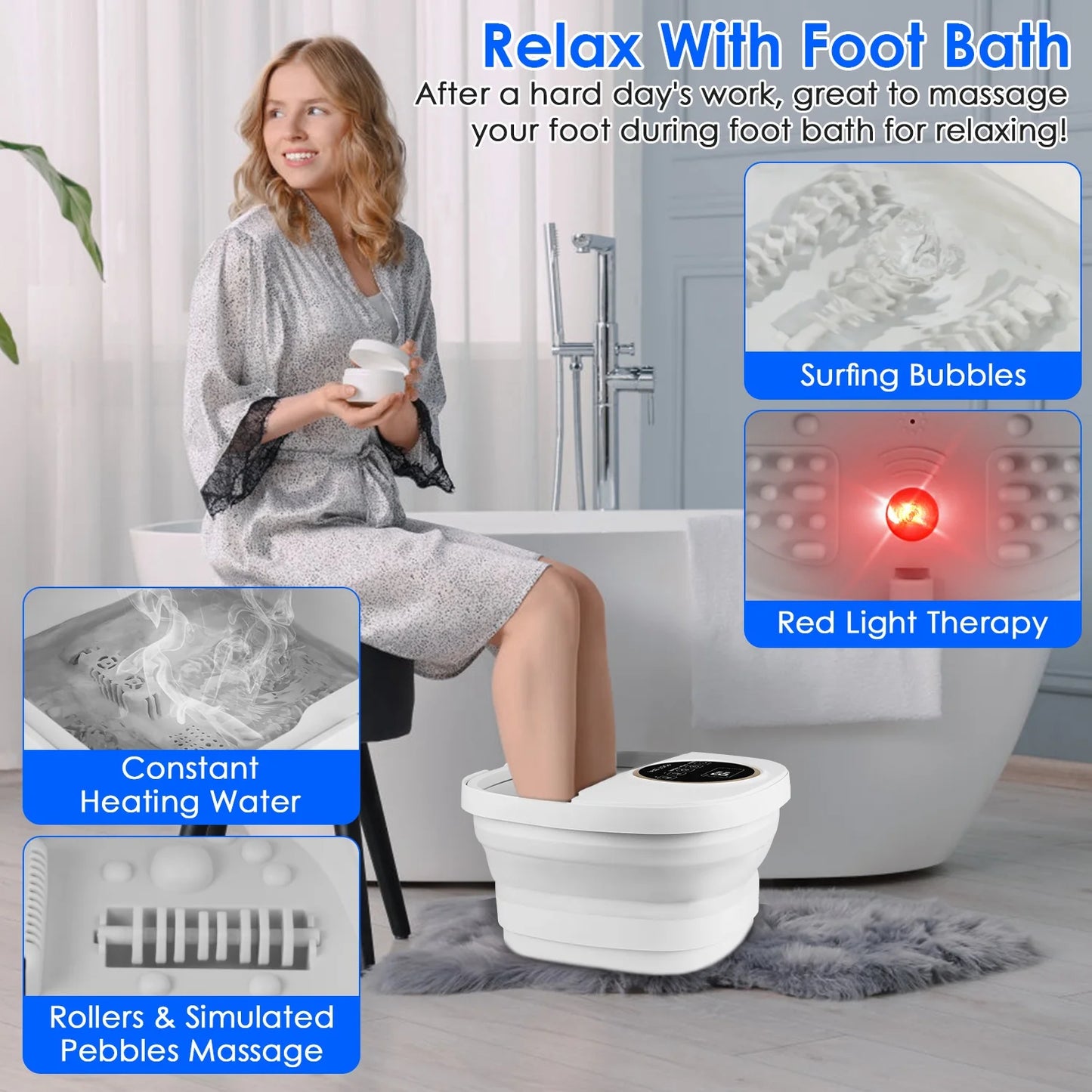 Collapsible Foot Spa Massager with Remote Control 24 Heating Levels 6 Massage Rollers