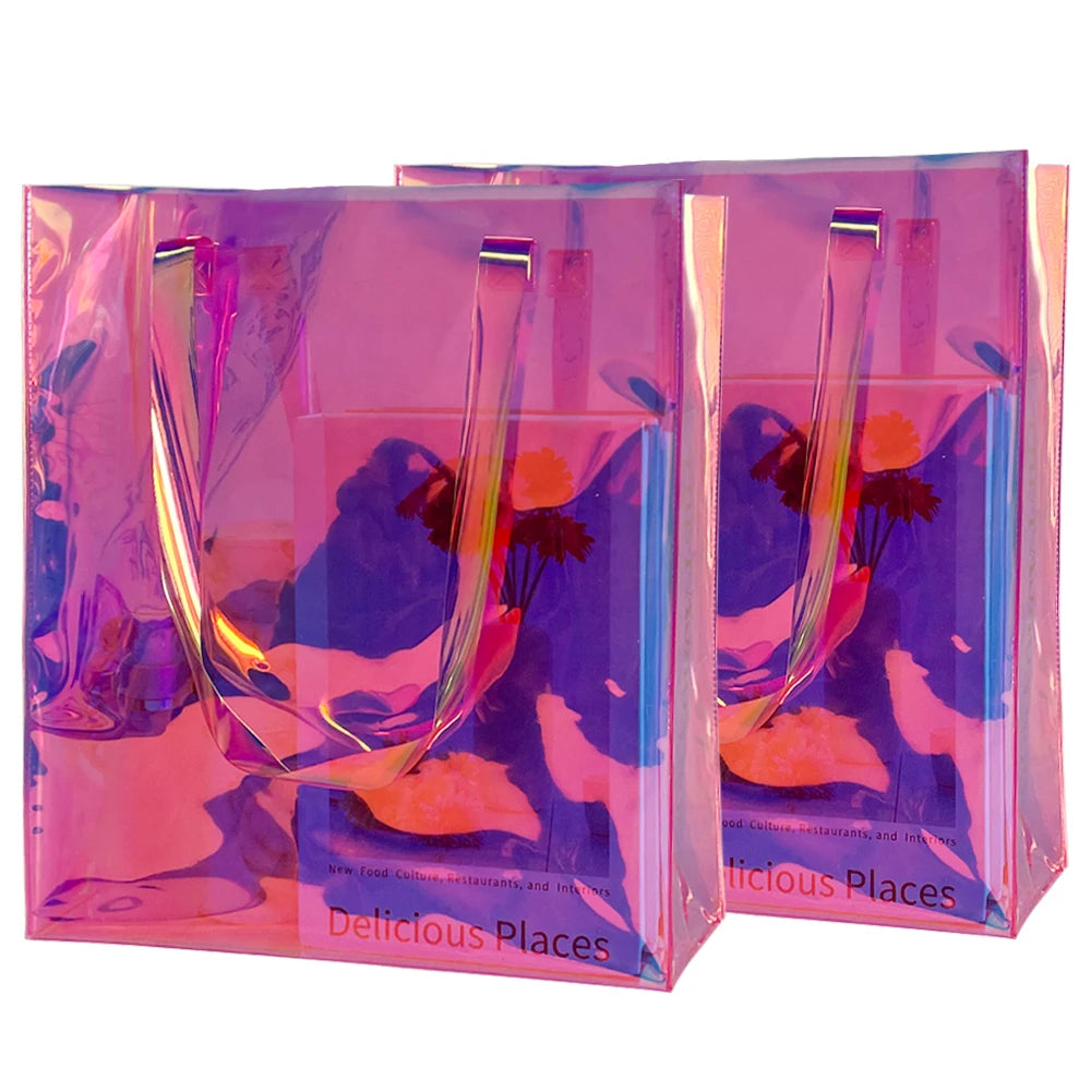 Holographic Rainbow Iridescent Clear Tote Handbag 2-Pack Games Work Travel Concert