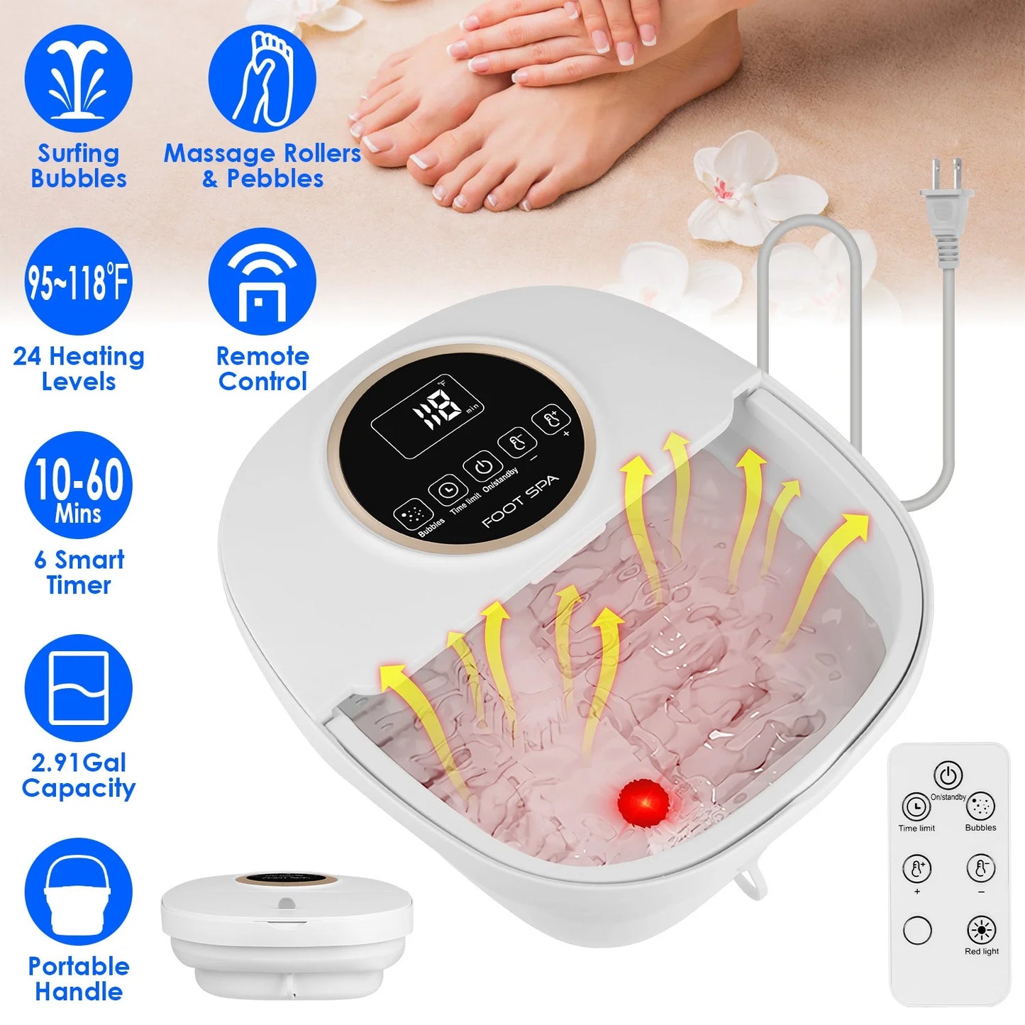 Collapsible Foot Spa Massager with Remote Control 24 Heating Levels 6 Massage Rollers