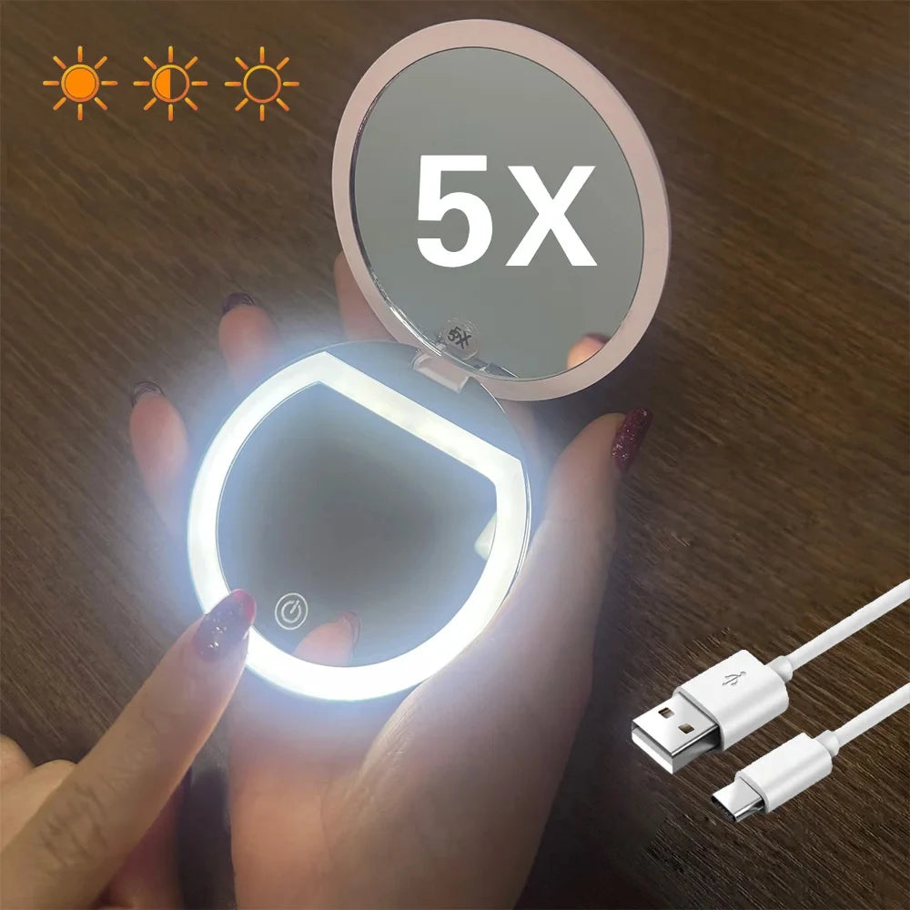 1X/5X Magnifying Travel Compact Makeup Mirror w/ 3 Light Colors Rechargeable Touch