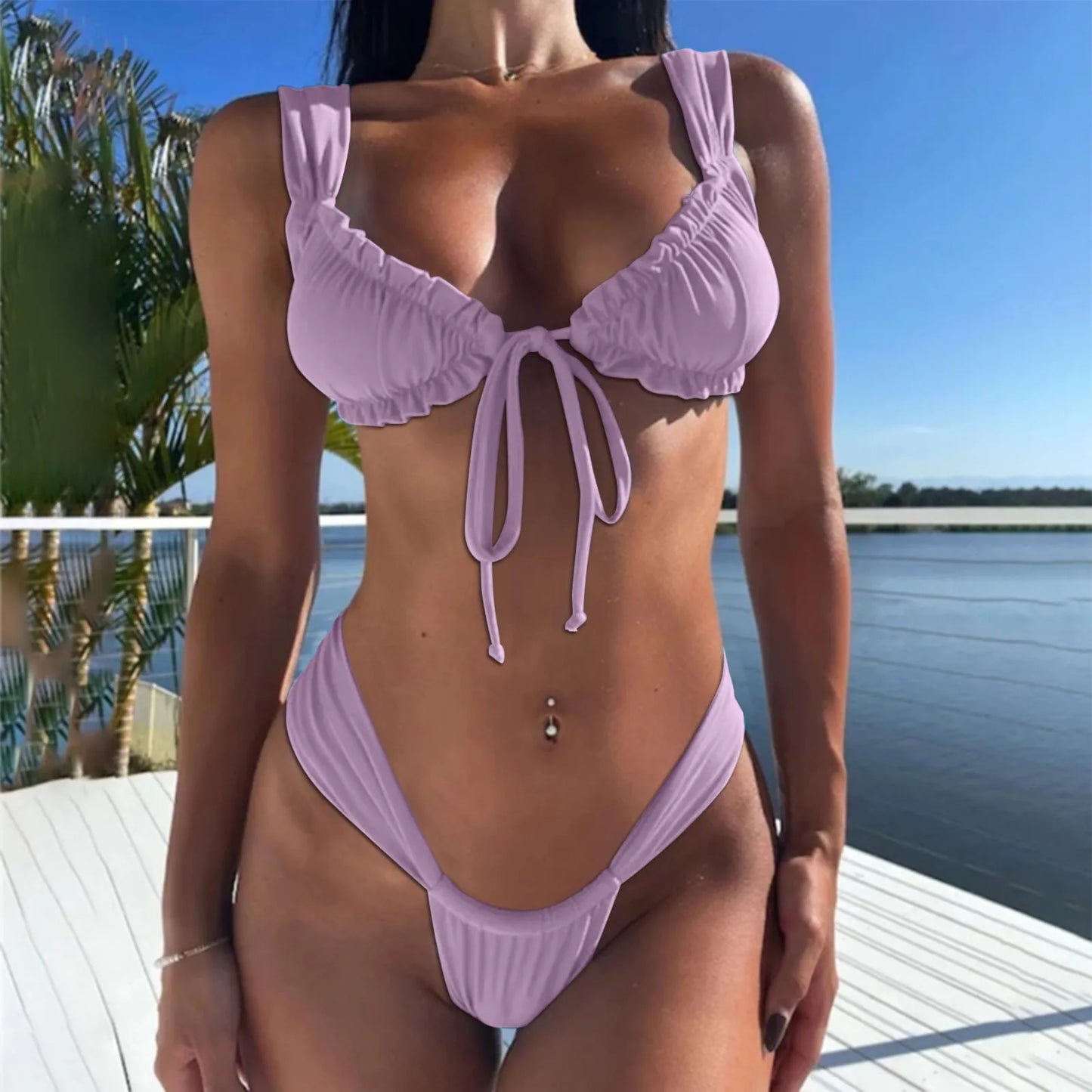 Ruched Front-Tie Bikini Set Swimsuit Swimwear Beachwear