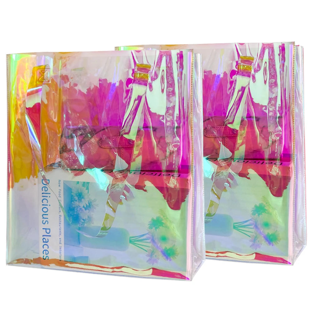 Holographic Rainbow Iridescent Clear Tote Handbag 2-Pack Games Work Travel Concert