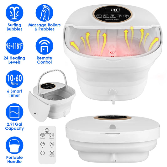 Collapsible Foot Spa Massager with Remote Control 24 Heating Levels 6 Massage Rollers
