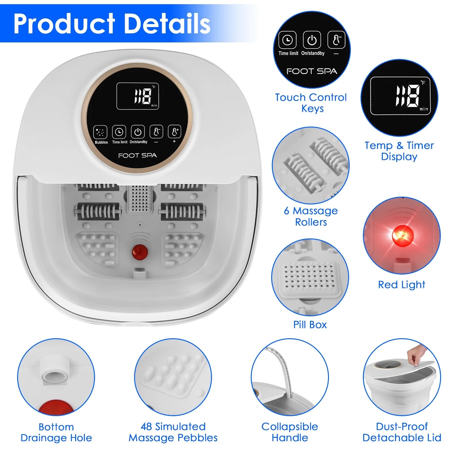 Collapsible Foot Spa Massager with Remote Control 24 Heating Levels 6 Massage Rollers