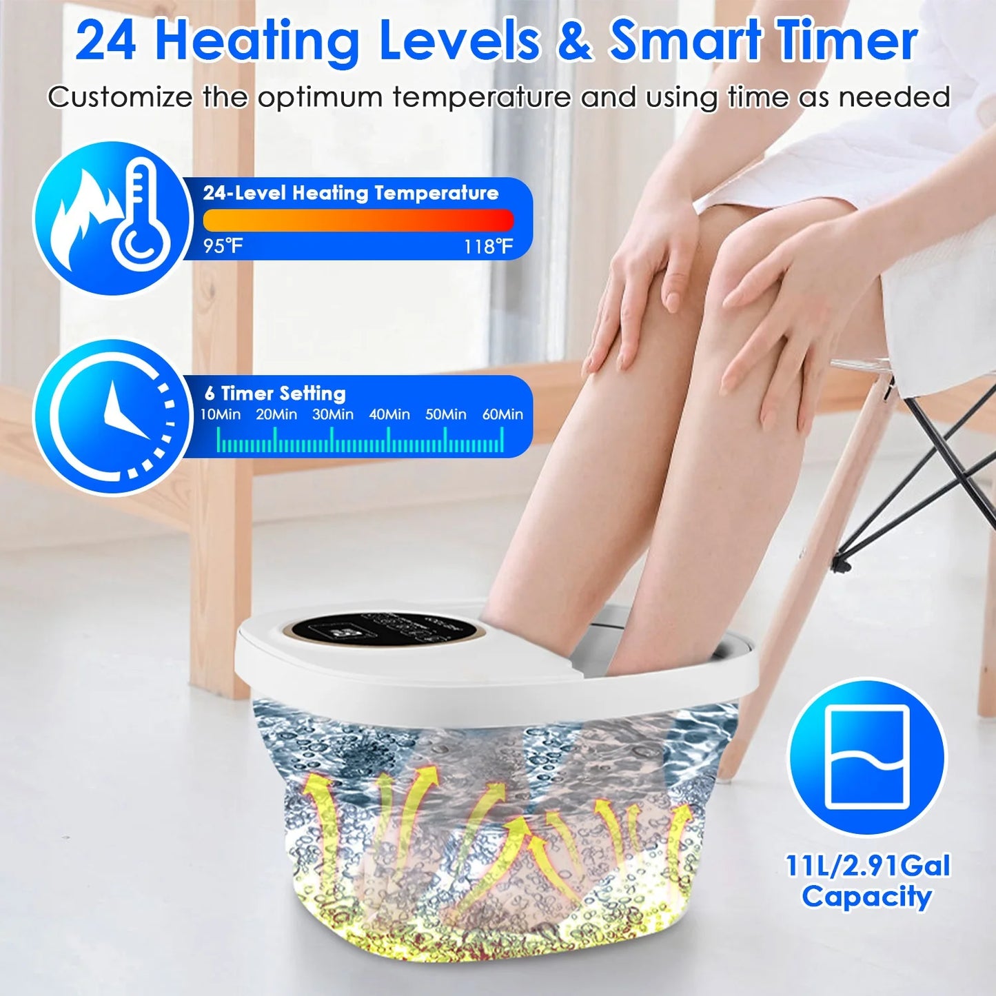 Collapsible Foot Spa Massager with Remote Control 24 Heating Levels 6 Massage Rollers