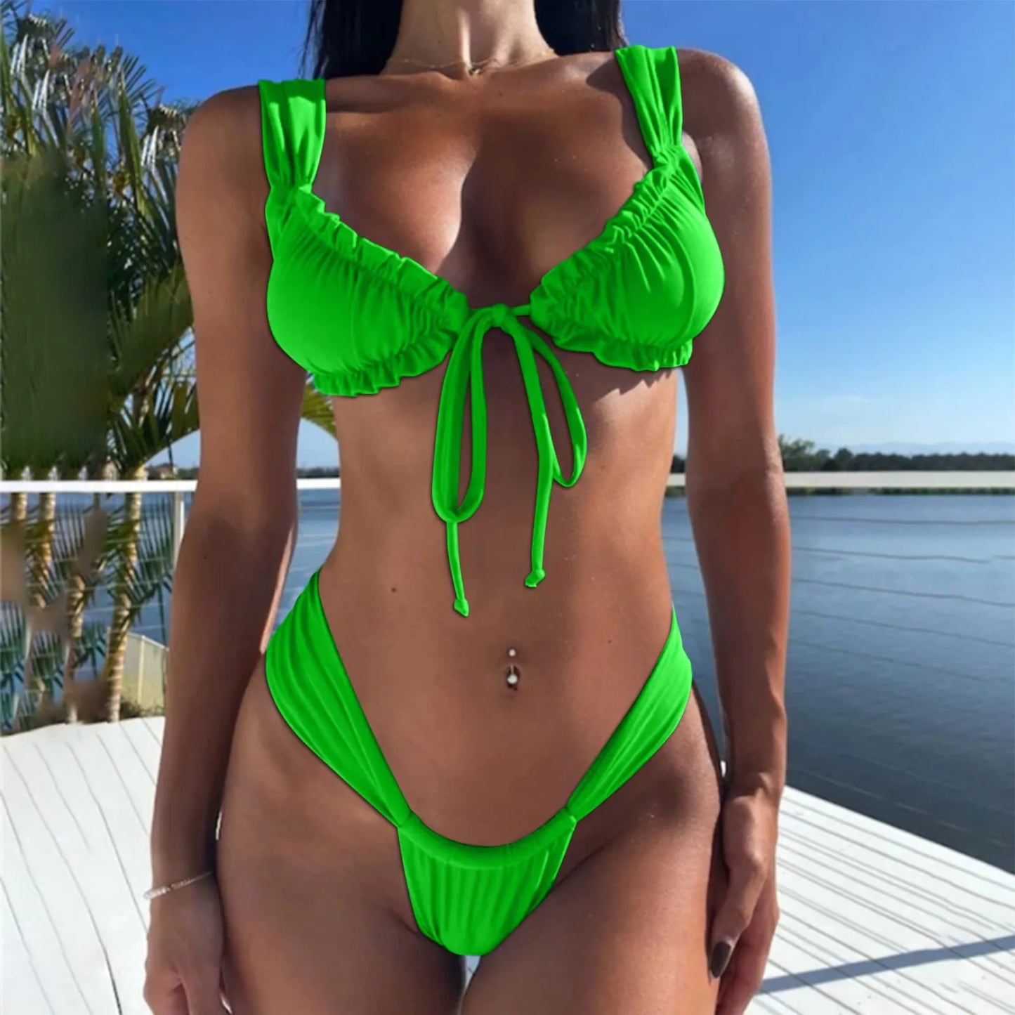 Ruched Front-Tie Bikini Set Swimsuit Swimwear Beachwear