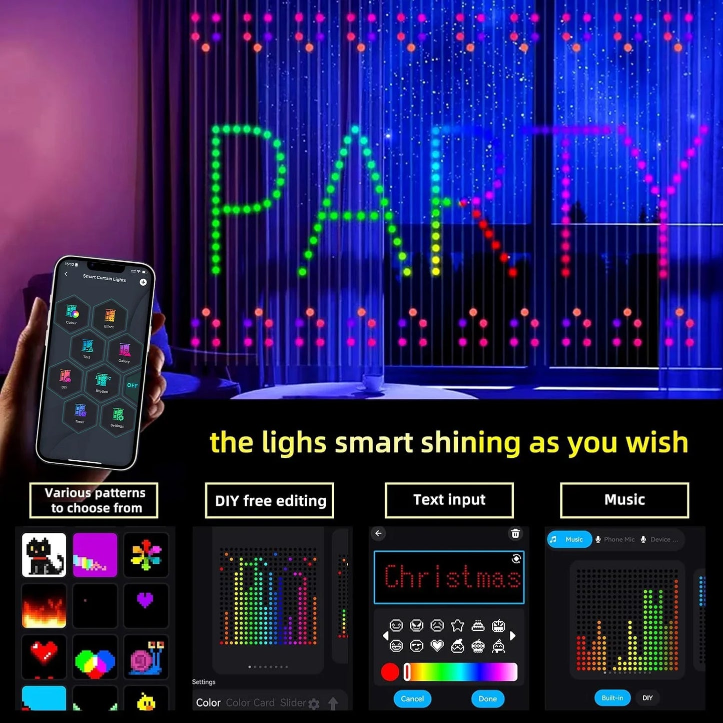 Smart LED Curtain Light APP Control Pattern Music Ambient Lighting