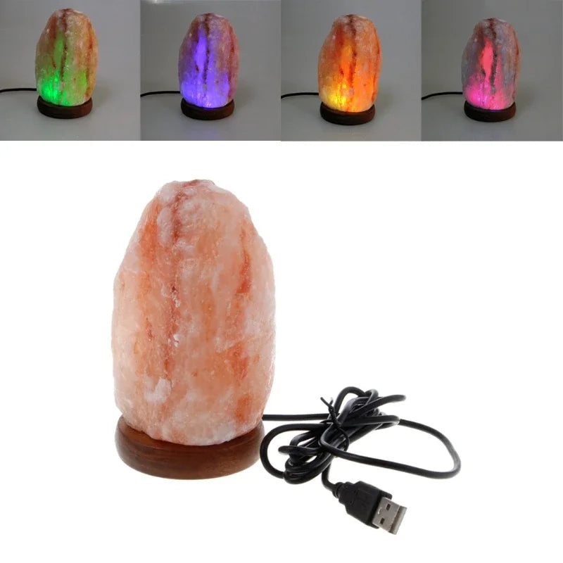 Hand Carved Wooden Base Himalayan Rock Salt Table Lamp Air Purifier LED Night Light