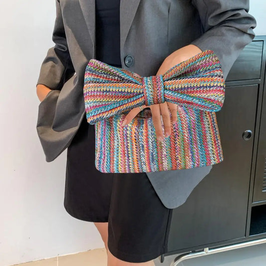 Bohemian Style Straw Bow Clutch Handbag Purse