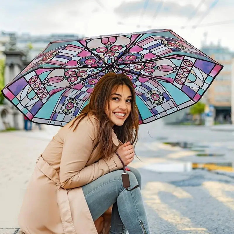 Vintage Hand-Painted Stained Glass Automatic Folding Umbrella