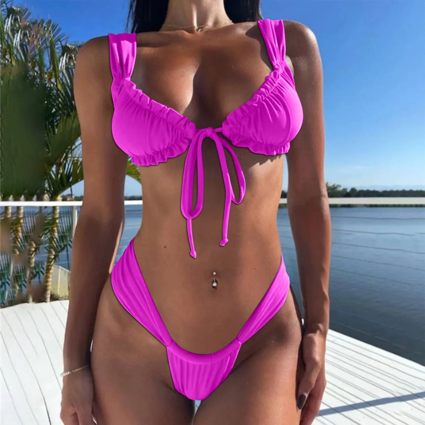 Ruched Front-Tie Bikini Set Swimsuit Swimwear Beachwear
