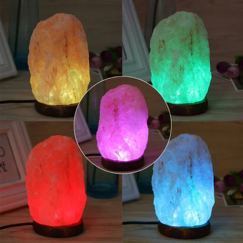 Hand Carved Wooden Base Himalayan Rock Salt Table Lamp Air Purifier LED Night Light