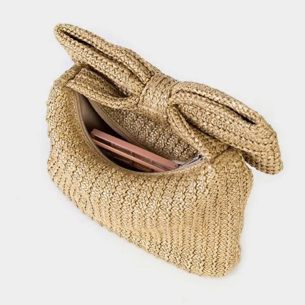 Bohemian Style Straw Bow Clutch Handbag Purse