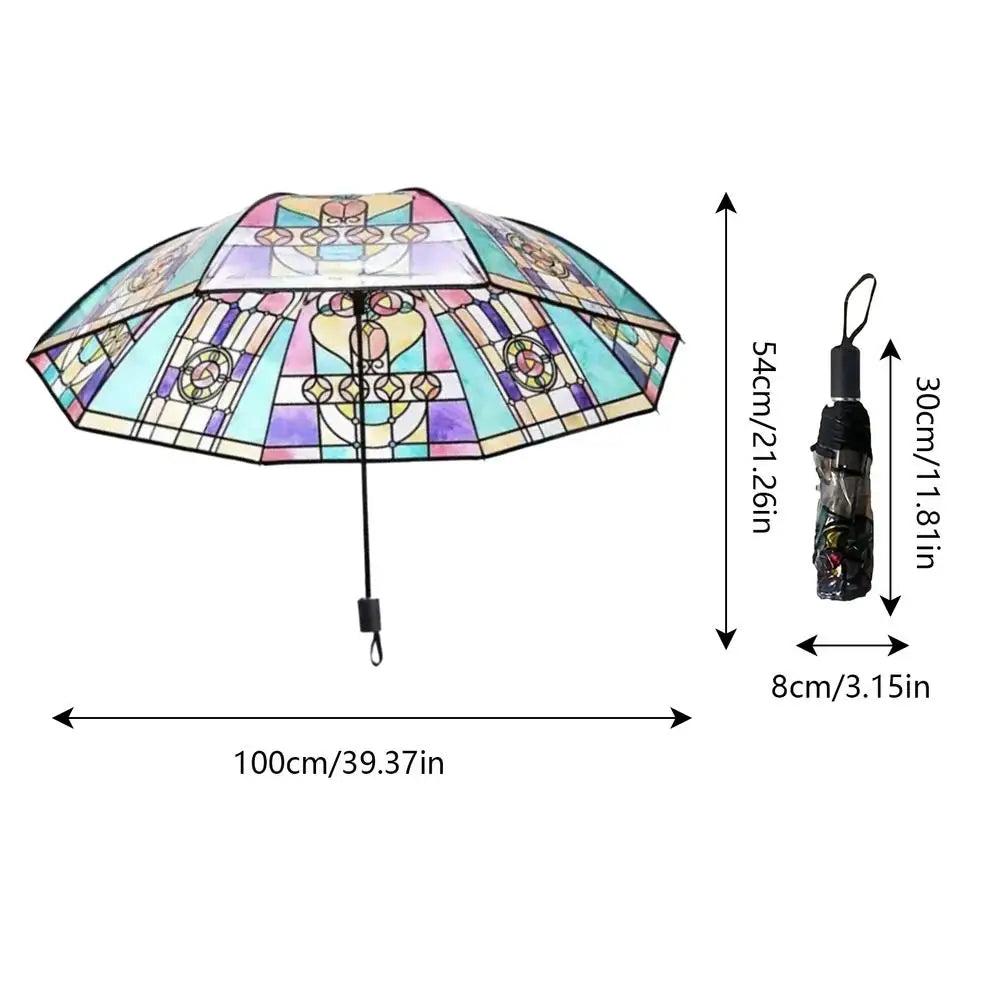 Vintage Hand-Painted Stained Glass Automatic Folding Umbrella