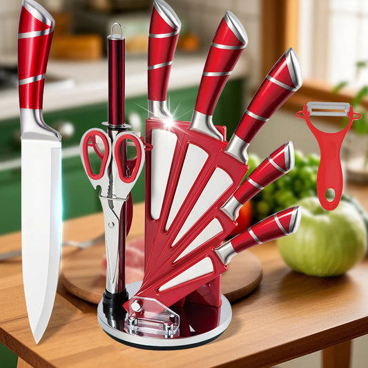 Damascus Steel 9pcs Ultra Sharp Cutlery with Rotatable Storage Stand and Sharpener