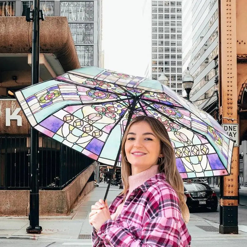 Vintage Hand-Painted Stained Glass Automatic Folding Umbrella