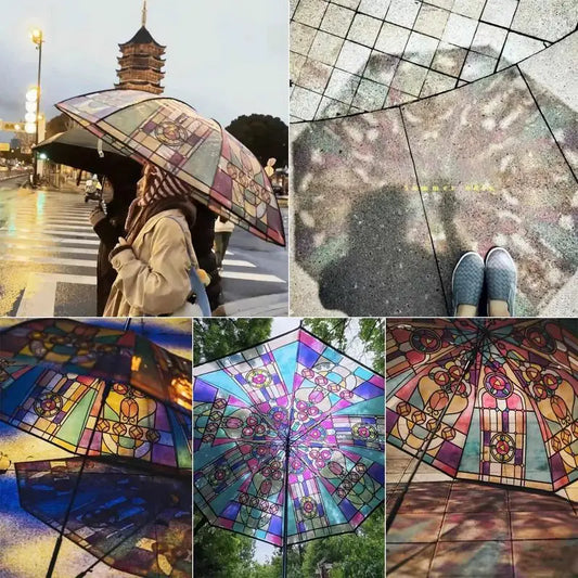 Vintage Hand-Painted Stained Glass Automatic Folding Umbrella