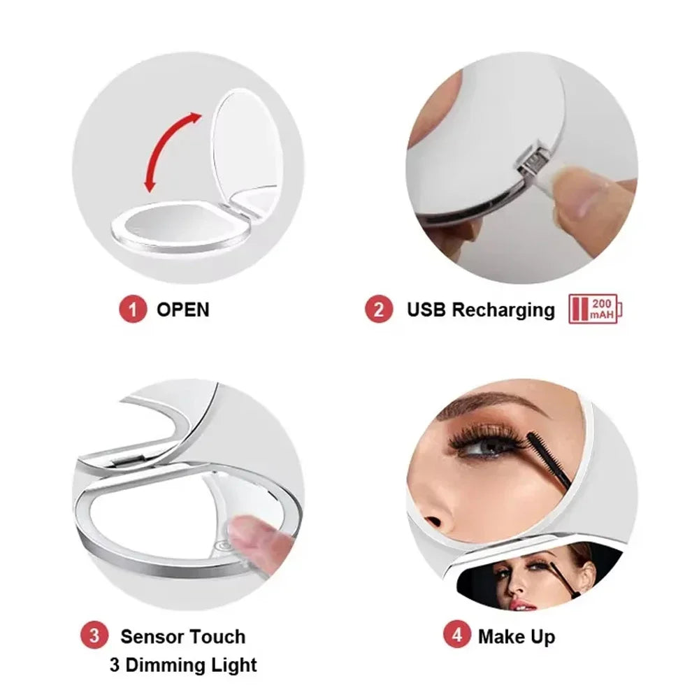 1X/5X Magnifying Travel Compact Makeup Mirror w/ 3 Light Colors Rechargeable Touch