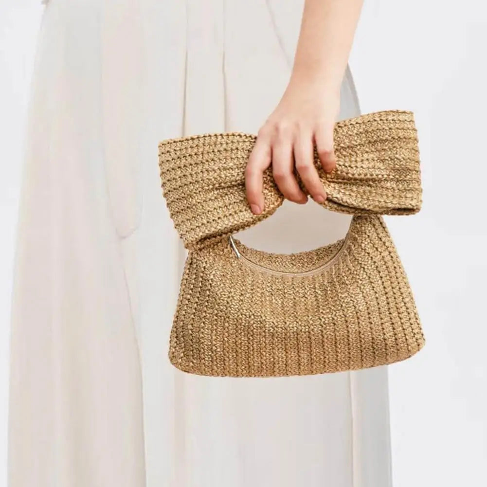 Bohemian Style Straw Bow Clutch Handbag Purse