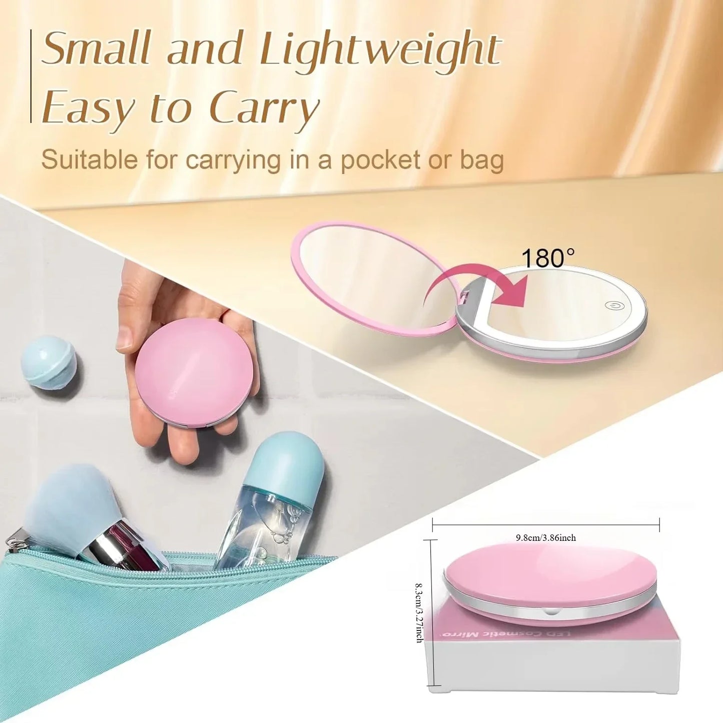 1X/5X Magnifying Travel Compact Makeup Mirror w/ 3 Light Colors Rechargeable Touch