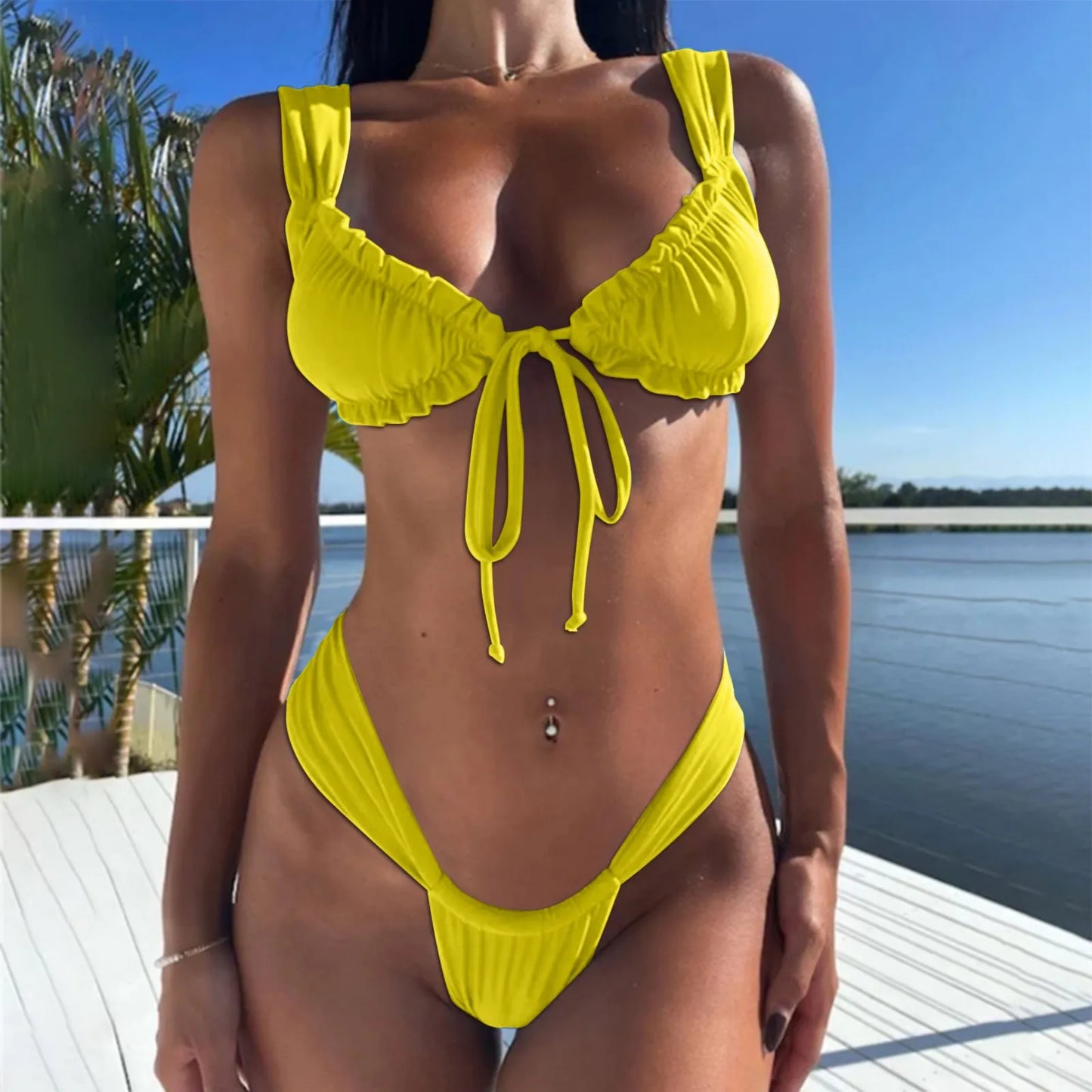 Ruched Front-Tie Bikini Set Swimsuit Swimwear Beachwear
