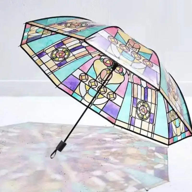 Vintage Hand-Painted Stained Glass Automatic Folding Umbrella