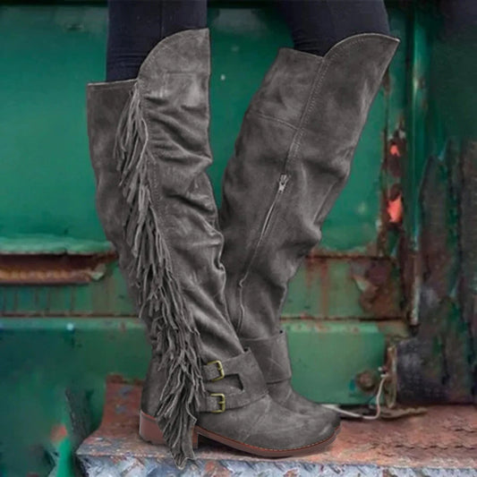 Retro Fringe Knee High Boots (Size 37)