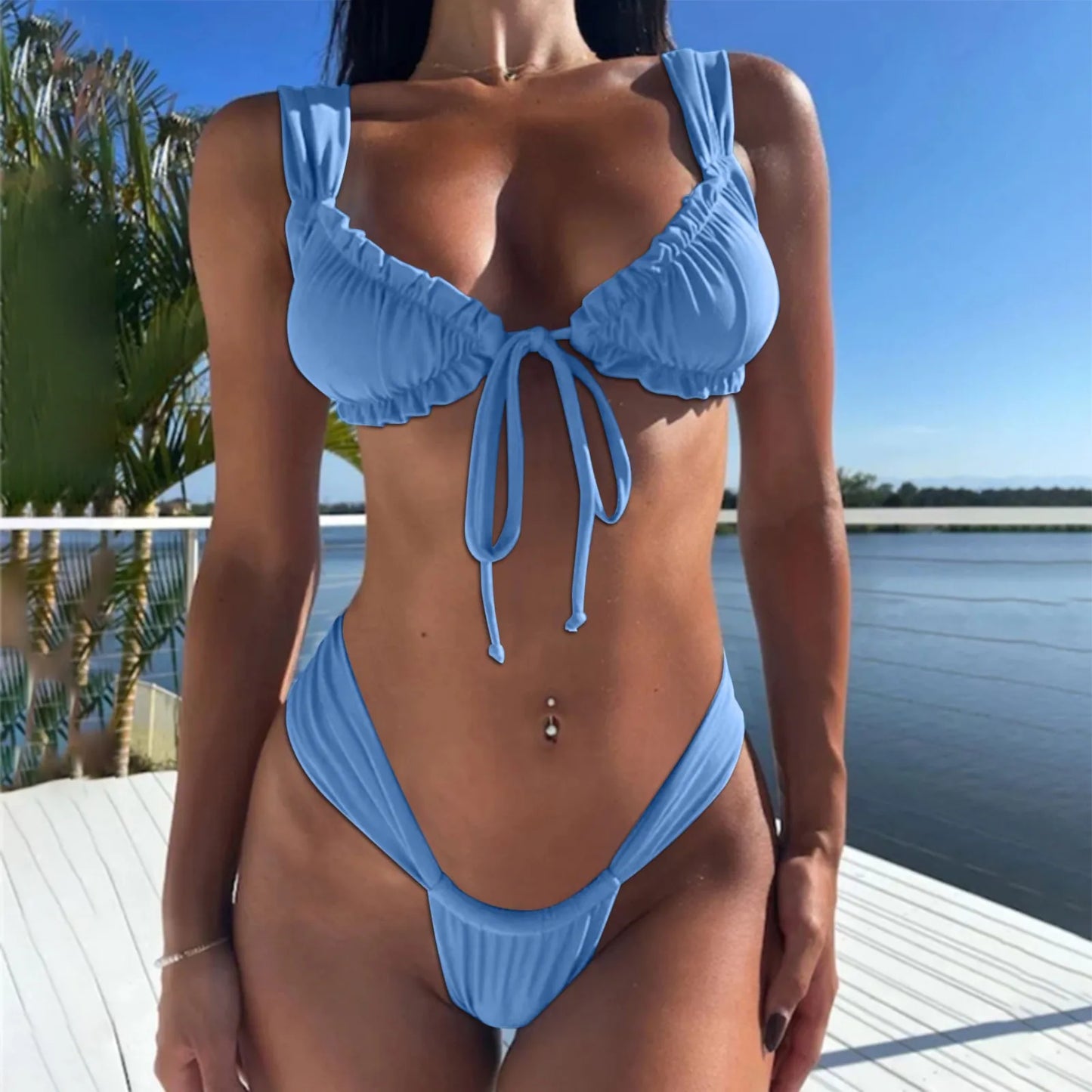 Ruched Front-Tie Bikini Set Swimsuit Swimwear Beachwear