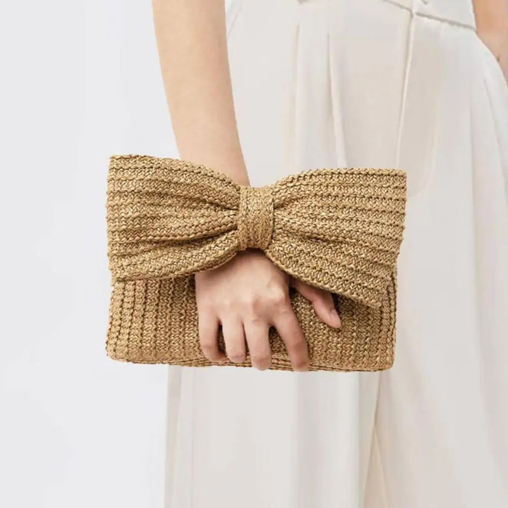 Bohemian Style Straw Bow Clutch Handbag Purse